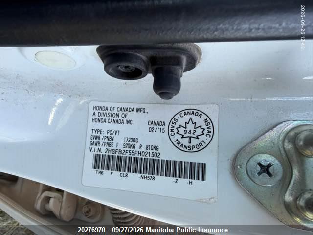 Aukcja sprzedaży 2015 Honda Civic Ex, vin: 2HGFB2F55FH021502, numer aukcji: 20276970