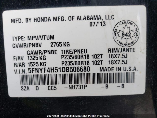 Продажа на аукционе авто 2013 Honda Pilot Ex-l, vin: 5FNYF4H51DB506680, номер лота: 20276990