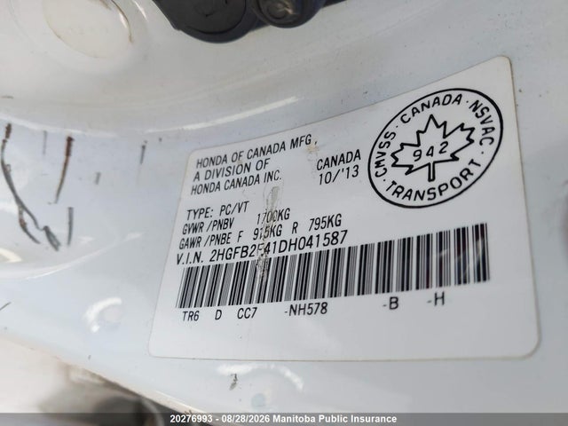 Продаж на аукціоні авто 2013 Honda Civic Lx, vin: 2HGFB2F41DH041587, номер лоту: 20276993