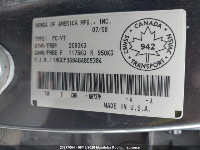 Продаж на аукціоні авто 2008 Honda Accord Ex-l V6, vin: 1HGCP36848A805384, номер лоту: 20277004
