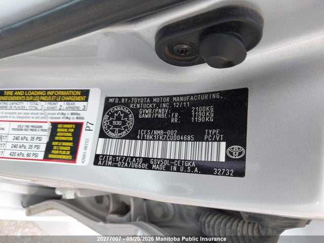 Продаж на аукціоні авто 2012 Toyota Camry Xle V6, vin: 4T1BK1FK7CU004685, номер лоту: 20277007