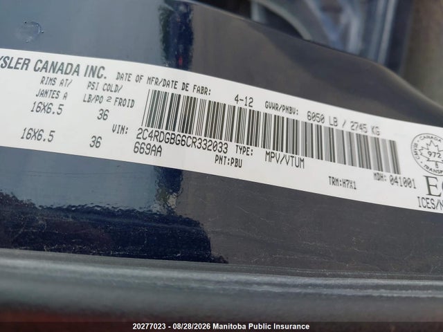 20277023 :رقم المزاد ، 2C4RDGBG6CR332033 vin ، 2012 Dodge Grand Caravan Sxt مزاد بيع