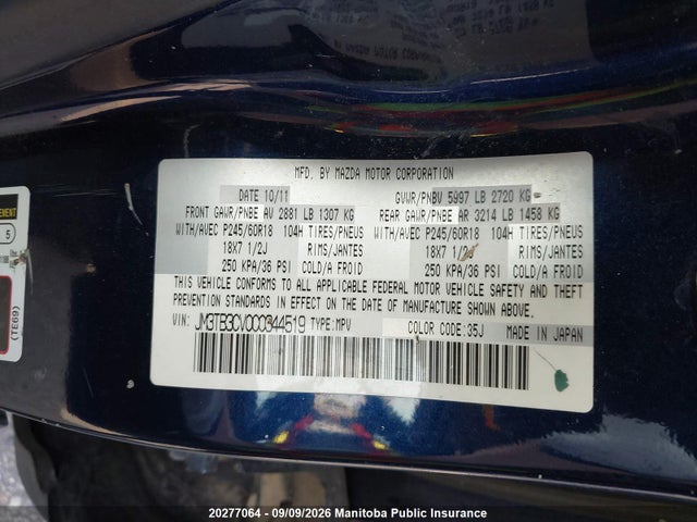 Продажа на аукционе авто 2012 Mazda Cx -9 Gs, vin: JM3TB3CV0C0344519, номер лота: 20277064