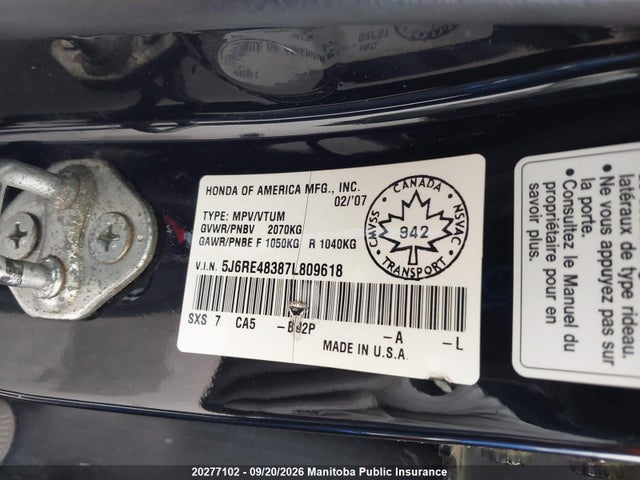 Aukcja sprzedaży 2007 Honda Cr-v Lx, vin: 5J6RE48387L809618, numer aukcji: 20277102