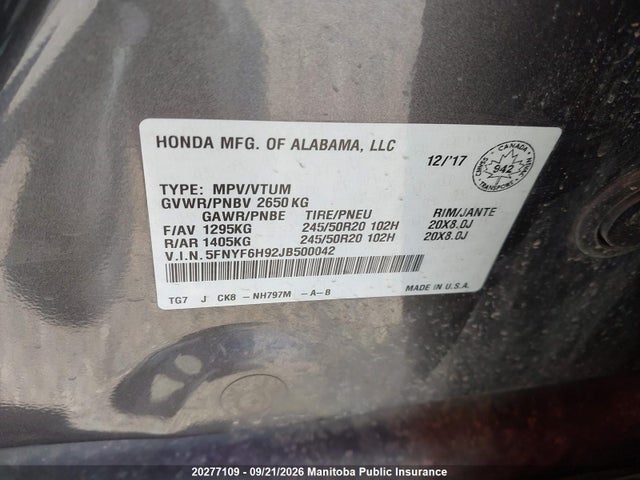 Honda Pilot Touring 2018 5FNYF6H92JB500042 Image 9