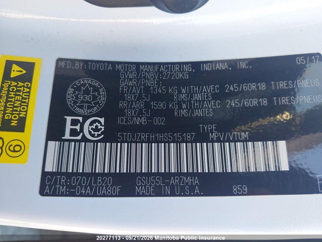 Toyota Highlander Xle V6 2017 5TDJZRFH1HS515187 Image 8