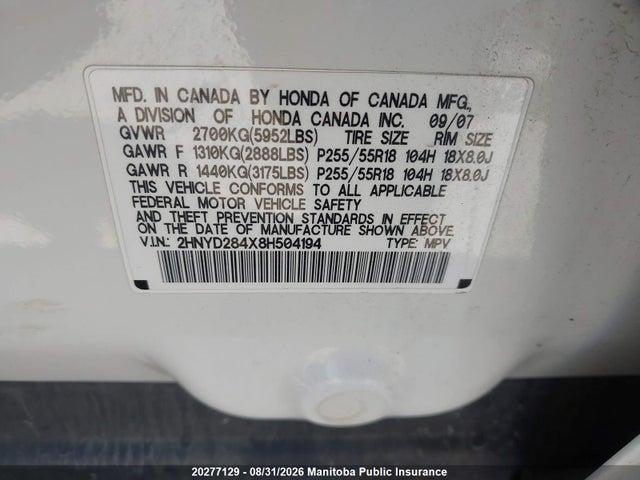 Продажа на аукционе авто 2008 Acura Mdx, vin: 2HNYD284X8H504194, номер лота: 20277129