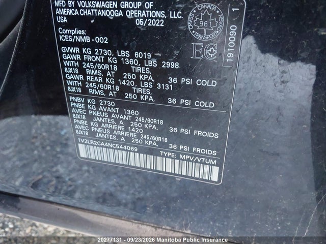 20277131 :رقم المزاد ، 1V2LR2CA4NC544069 vin ، 2022 Volkswagen Atlas Comfortline مزاد بيع