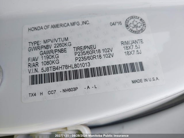 20277135 :رقم المزاد ، 5J8TB4H78HL801013 vin ، 2017 Acura Rdx مزاد بيع