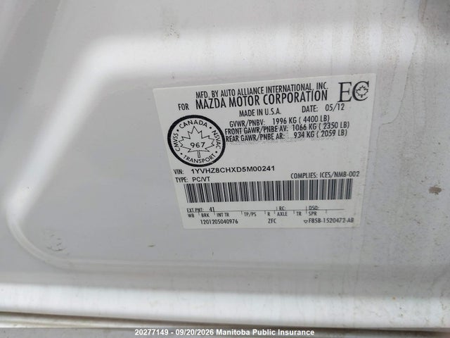 20277149 :رقم المزاد ، 1YVHZ8CHXD5M00241 vin ، 2013 Mazda Mazda6 Gs مزاد بيع