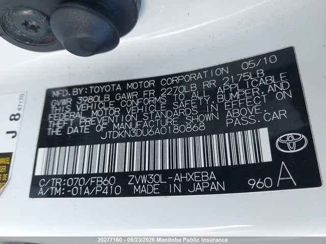 2010 Toyota Prius მანქანა იყიდება აუქციონზე, vin: JTDKN3DU6A0180868, აუქციონის ნომერი: 20277160