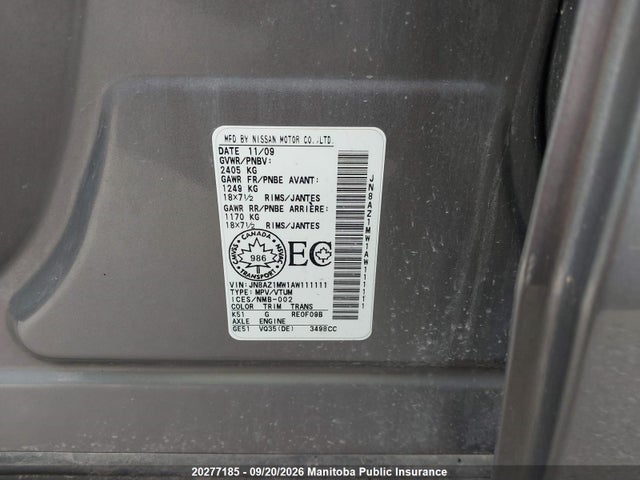 20277185 :رقم المزاد ، JN8AZ1MW1AW111111 vin ، 2010 Nissan Murano Sl مزاد بيع