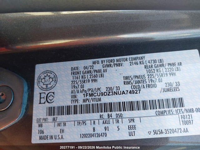 20277191 :رقم المزاد ، 1FMCU9DZ3NUA74927 vin ، 2022 Ford Escape Titanium Hybrid مزاد بيع