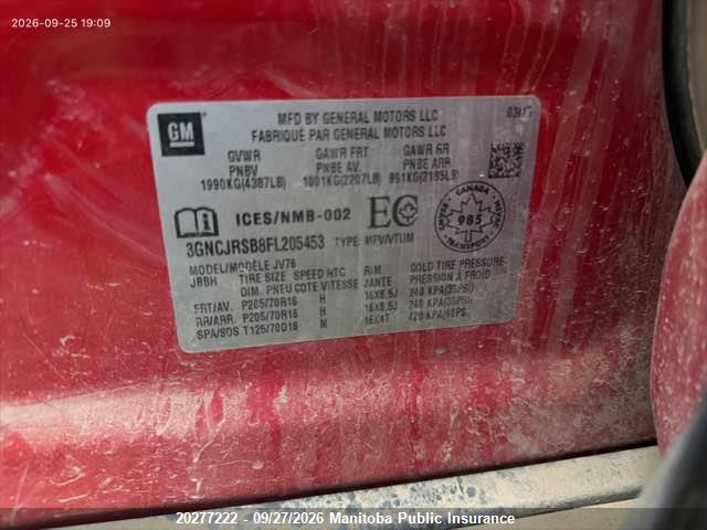 20277222 :رقم المزاد ، 3GNCJRSB8FL205453 vin ، 2015 Chevrolet Trax Lt مزاد بيع
