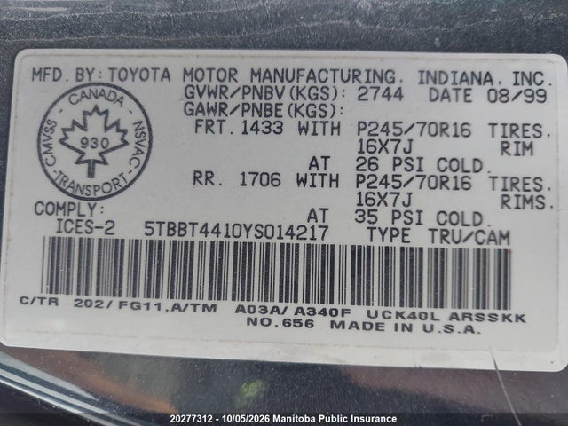 20277312 :رقم المزاد ، 5TBBT4410YS014217 vin ، 2000 Toyota Tundra Access Cab V8 مزاد بيع