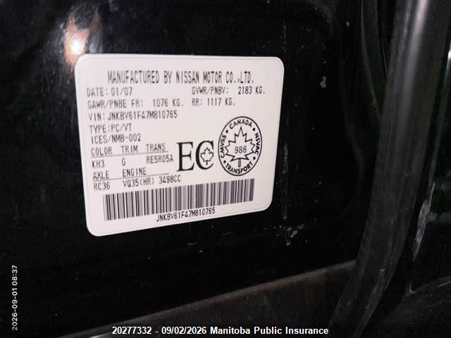 20277332 :رقم المزاد ، JNKBV61F47M810765 vin ، 2007 Infiniti G35x Premium مزاد بيع