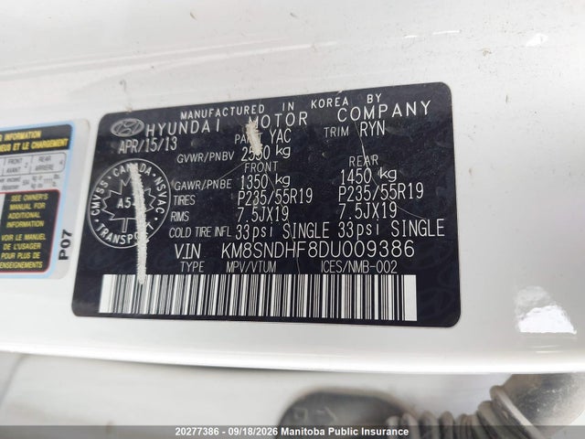 Продаж на аукціоні авто 2013 Hyundai Santa Fe Xl Limited, vin: KM8SNDHF8DU009386, номер лоту: 20277386