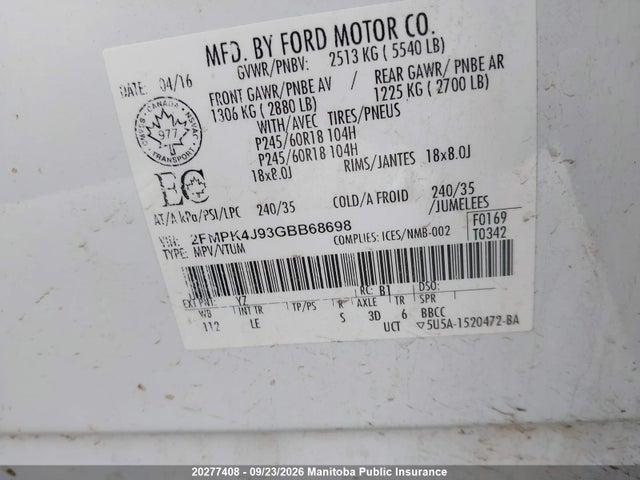 20277408 :رقم المزاد ، 2FMPK4J93GBB68698 vin ، 2016 Ford Edge Se مزاد بيع