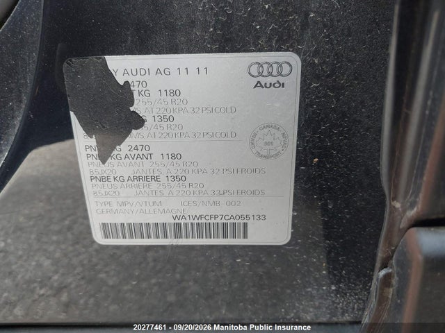 20277461 :رقم المزاد ، WA1WFCFP7CA055133 vin ، 2012 Audi Q5 مزاد بيع