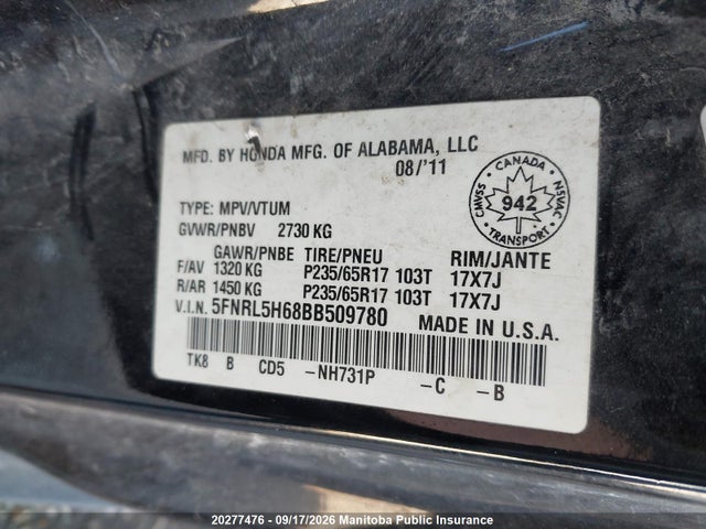 20277476 :رقم المزاد ، 5FNRL5H68BB509780 vin ، 2011 Honda Odyssey Ex-l مزاد بيع