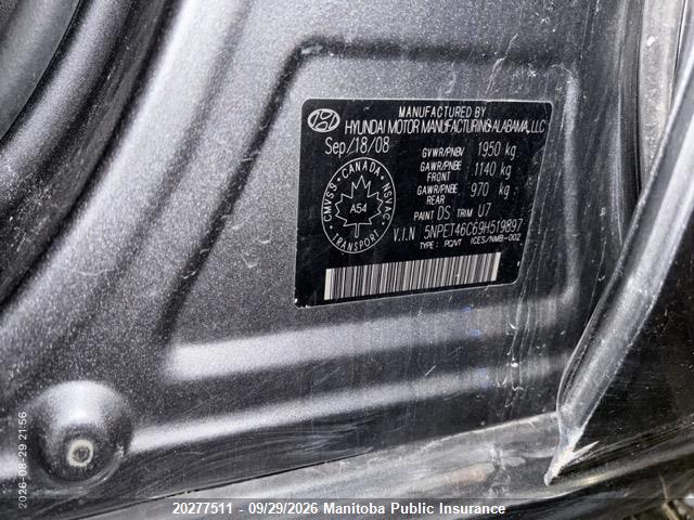 20277511 :رقم المزاد ، 5NPET46C69H519897 vin ، 2009 Hyundai Sonata Gl مزاد بيع