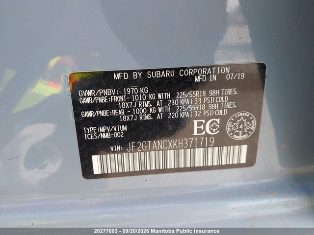 20277603 :رقم المزاد ، JF2GTANCXKH371719 vin ، 2019 Subaru Crosstrek Limited مزاد بيع