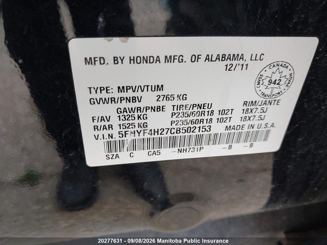 Aukcja sprzedaży 2012 Honda Pilot Lx, vin: 5FNYF4H27CB502153, numer aukcji: 20277631
