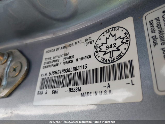 20277637 :رقم المزاد ، 5J6RE48538L803115 vin ، 2008 Honda Cr-v Ex مزاد بيع