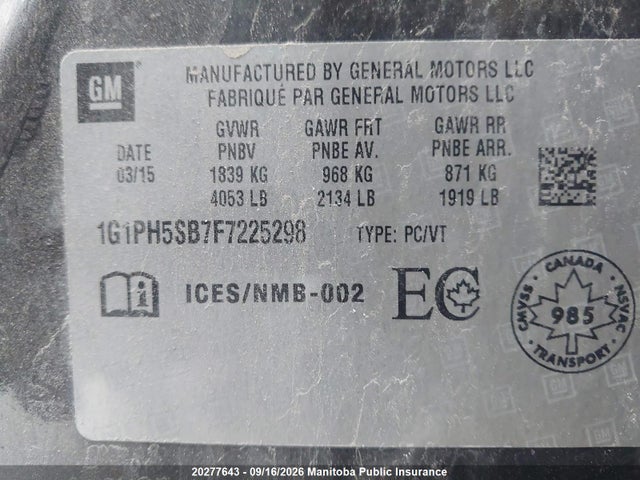 Продаж на аукціоні авто 2015 Chevrolet Cruze Eco Turbo, vin: 1G1PH5SB7F7225298, номер лоту: 20277643
