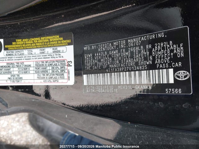 Продажа на аукционе авто 2007 Toyota Camry Solara Se V6, vin: 4T1FA38P27U134825, номер лота: 20277715