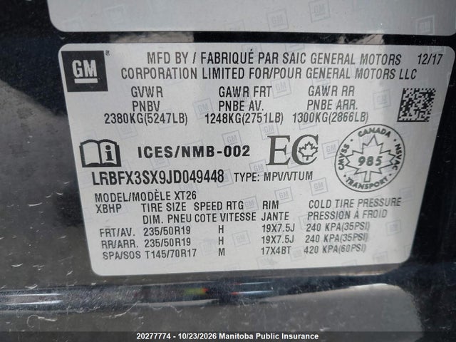 Auction sale of the 2018 Buick Envision Turbo, vin: LRBFX3SX9JD049448, lot number: 20277774