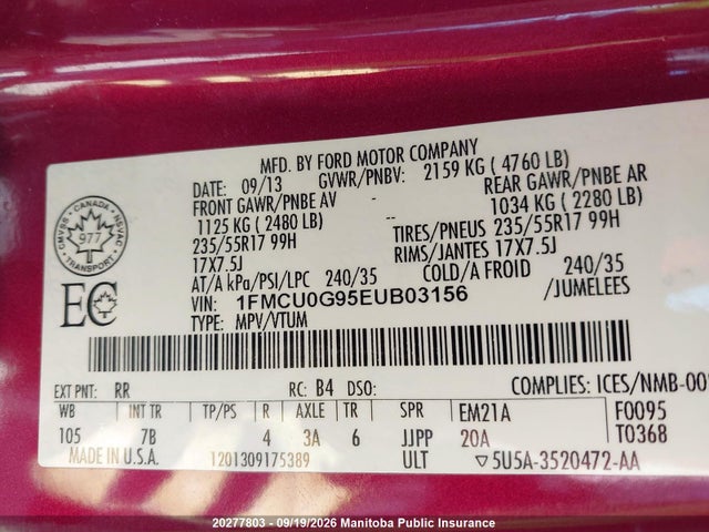 1FMCU0G95EUB03156 Ford ESCAPE SE