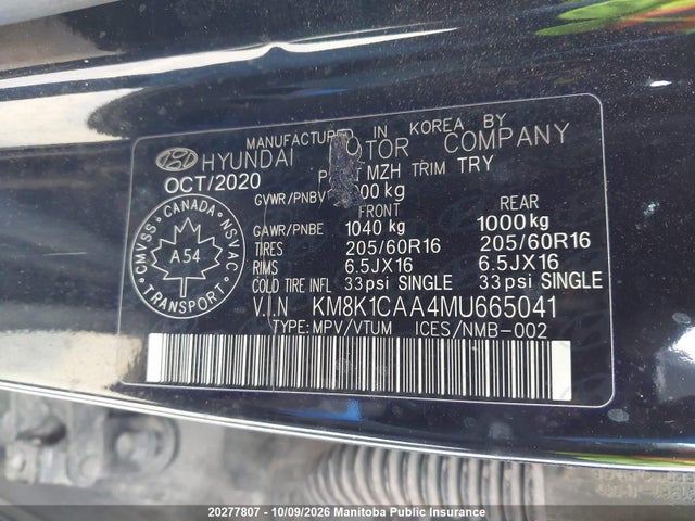 Aukcja sprzedaży 2021 Hyundai Kona Essential, vin: KM8K1CAA4MU665041, numer aukcji: 20277807
