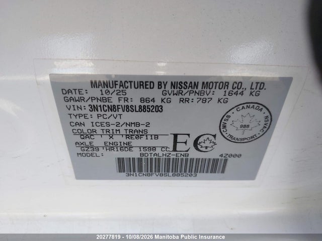 Auction sale of the 2025 Nissan Versa 1.6 Sr, vin: 3N1CN8FV8SL885203, lot number: 20277819