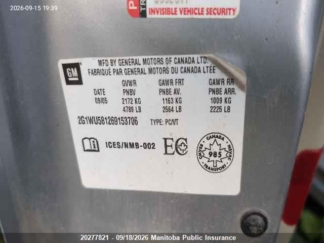 20277821 :رقم المزاد ، 2G1WU581269153706 vin ، 2006 Chevrolet Impala Ltz V6 مزاد بيع