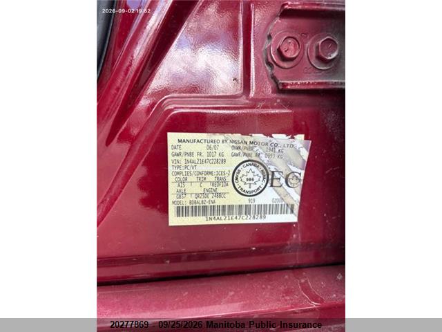 20277869 :رقم المزاد ، 1N4AL21E47C228289 vin ، 2007 Nissan Altima 2.5 Sl مزاد بيع
