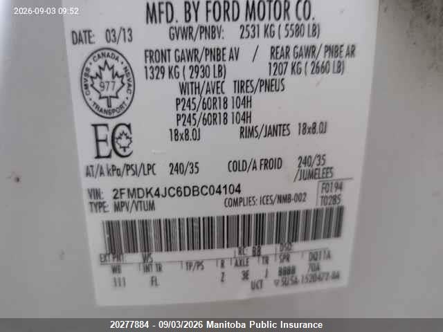 Aukcja sprzedaży 2013 Ford Edge Sel, vin: 2FMDK4JC6DBC04104, numer aukcji: 20277884