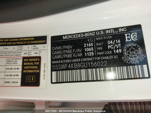 55SWF4KB8GU156022 Mercedes Benz C300 4matic