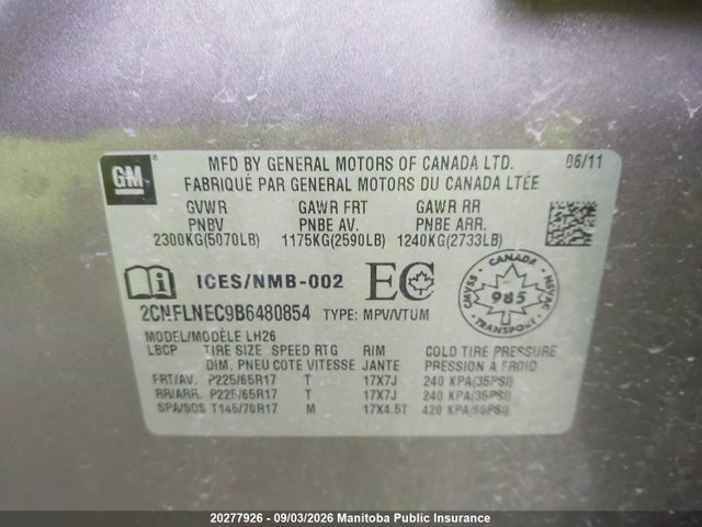 20277926 :رقم المزاد ، 2CNFLNEC9B6480854 vin ، 2011 Chevrolet Equinox Lt مزاد بيع