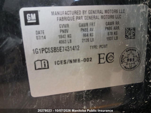Продажа на аукционе авто 2014 Chevrolet Cruze Lt Turbo, vin: 1G1PC5SB5E7431412, номер лота: 20278023