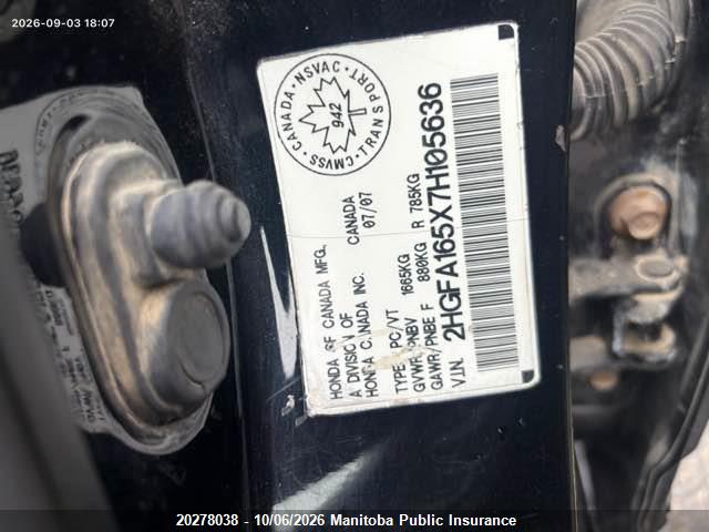 Aukcja sprzedaży 2007 Honda Civic Lx, vin: 2HGFA165X7H105636, numer aukcji: 20278038