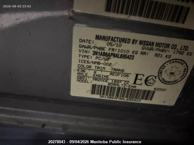 20278043 :رقم المزاد ، 3N1AB6AP9AL695423 vin ، 2010 Nissan Sentra 2.0 S مزاد بيع