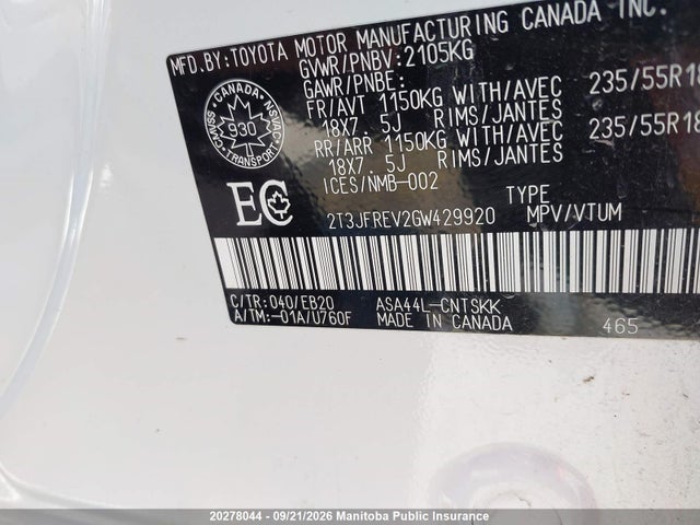 2T3JFREV2GW429920 Toyota RAV4 SE