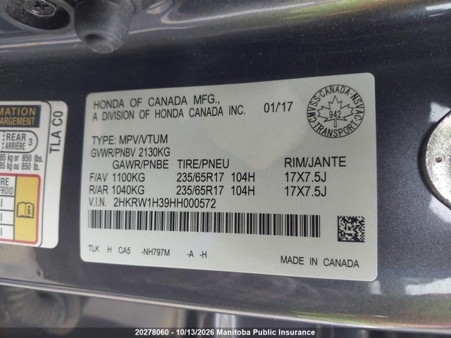 Продаж на аукціоні авто 2017 Honda Cr-v Lx, vin: 2HKRW1H39HH000572, номер лоту: 20278060