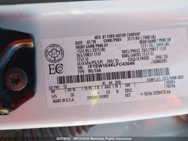 Ford F150 Xlt Supercrew 2020 1FTEW1E4XLFC43046 Image 8