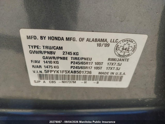 2010 Honda Ridgeline Vp მანქანა იყიდება აუქციონზე, vin: 5FPYK1F5XAB501736, აუქციონის ნომერი: 20278067