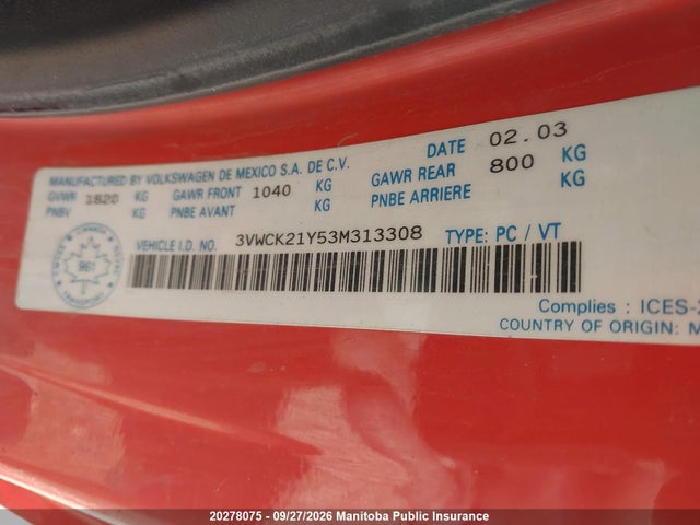 2003 Volkswagen New Beetle Gls მანქანა იყიდება აუქციონზე, vin: 3VWCK21Y53M313308, აუქციონის ნომერი: 20278075