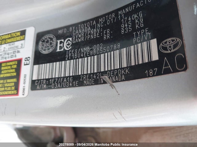 20278089 :رقم المزاد ، 2T1BU4EE8BC550788 vin ، 2011 Toyota Corolla Le مزاد بيع