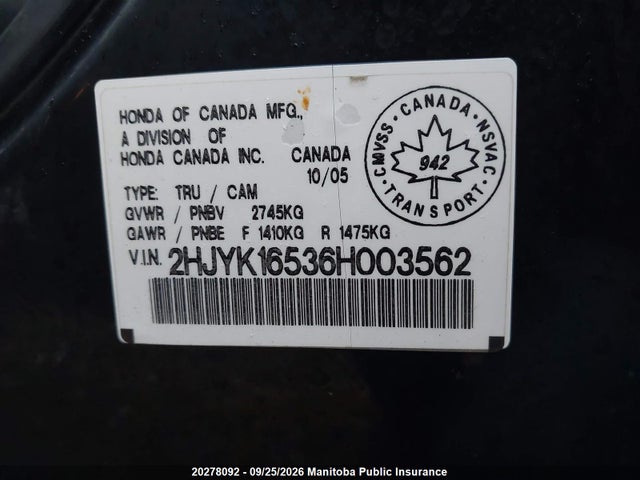 20278092 :رقم المزاد ، 2HJYK16536H003562 vin ، 2006 Honda Ridgeline Ex-l مزاد بيع
