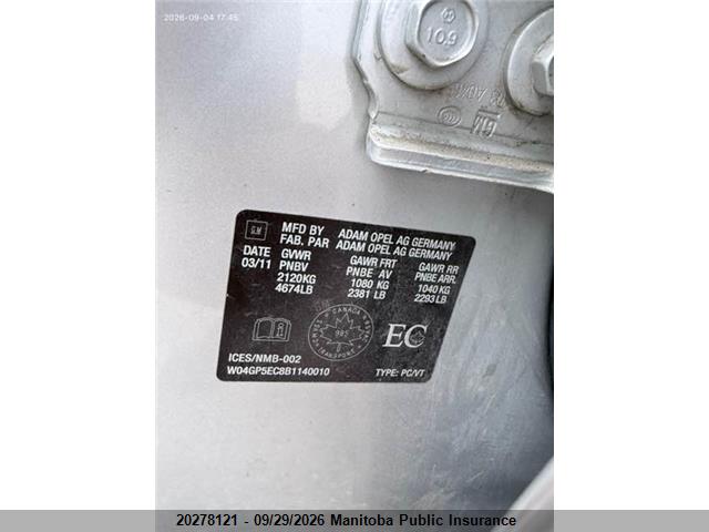 2011 Buick Regal Cxl მანქანა იყიდება აუქციონზე, vin: W04GP5EC8B1140010, აუქციონის ნომერი: 20278121